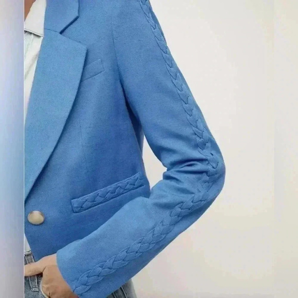 Veronica Beard Behren Blue Cropped Woven Braided Blazer Jacket 14 Shoulder Pads - Picture 11 of 15